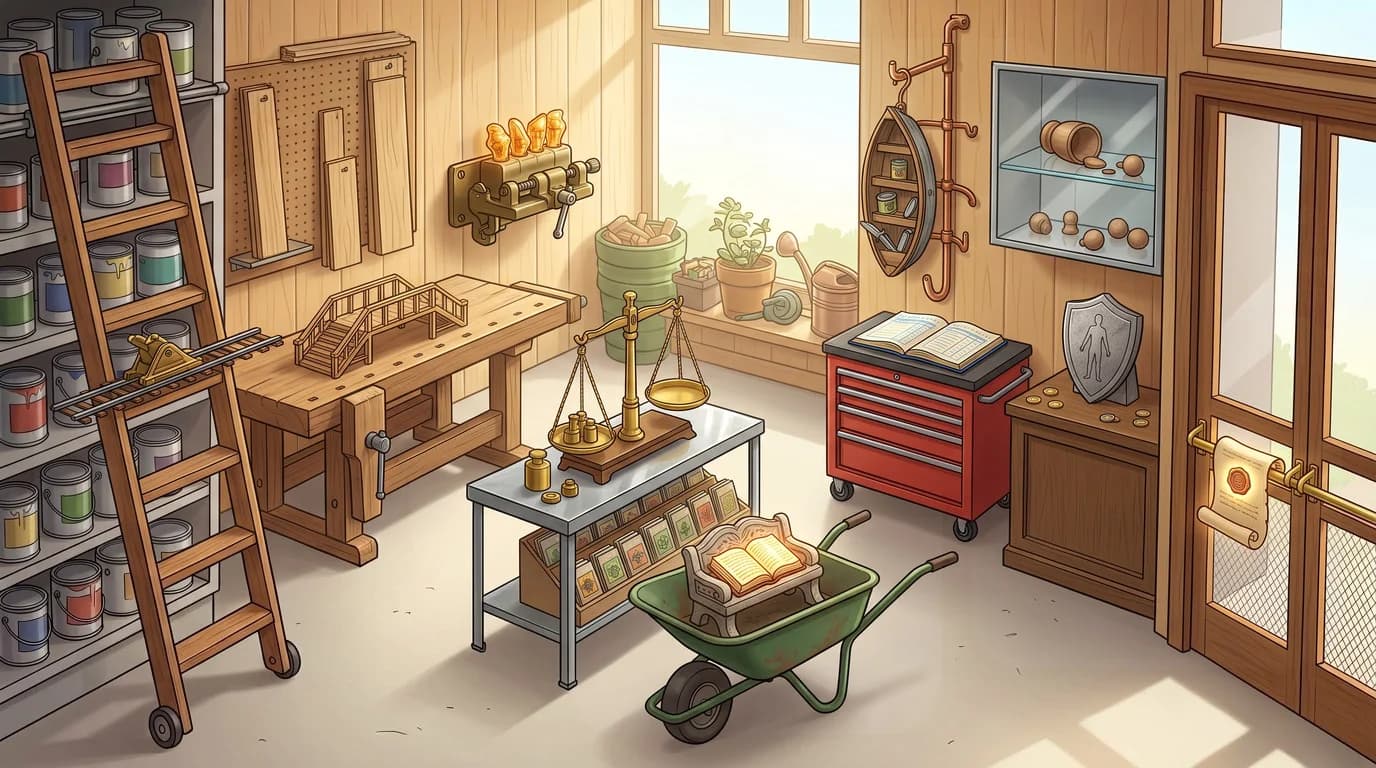 A memory sketch set in a hardware store, with a trolley switch, balance scale, and stone shield representing ideas about moral reasoning